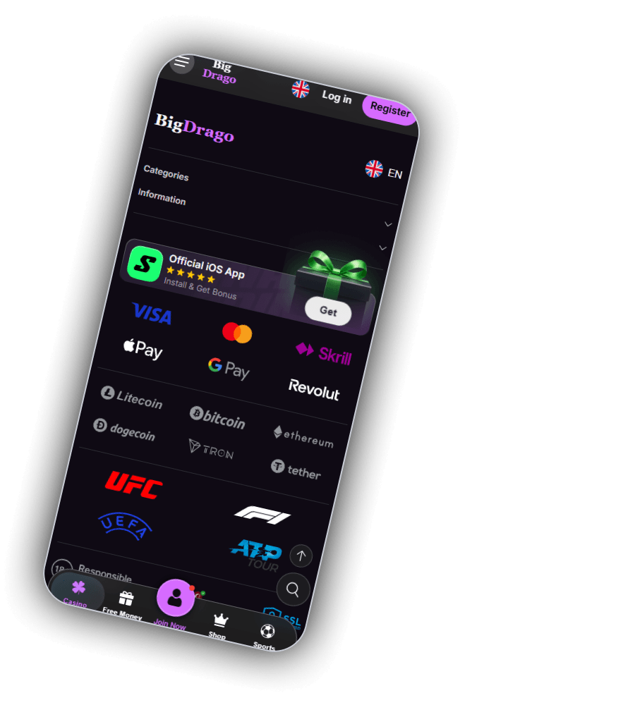 BigDrago footer on a phone: the BigDrago logo, a Union flag with EN, Categories and Information menus, an Official iOS App banner with a green S icon, five stars, Install and Get Bonus and a Get button, then logos for Visa, Mastercard, Apple Pay, Google Pay, Skrill, Revolut, Litecoin, Bitcoin, Dogecoin, Ethereum, Tron and Tether, and sports logos for UFC, F1, UEFA and the ATP Tour