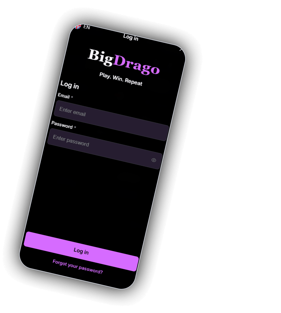 BigDrago Log in screen on a phone: the BigDrago wordmark with the line Play. Win. Repeat, a Log in heading, an Email field marked as required, a Password field marked as required with an eye icon, a wide lilac Log in button and a Forgot your password link, on a black background