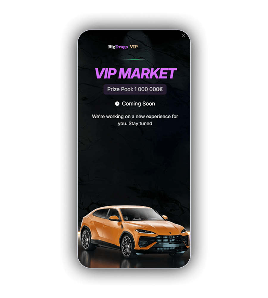 BigDrago VIP Market panel on a phone: the BigDrago VIP logo at the top, the words VIP MARKET in large lilac capitals, a dark prize pool badge for one million euro, printed with spaces between the thousands, a plain dark marble background and an orange sports utility vehicle across the bottom of the screen